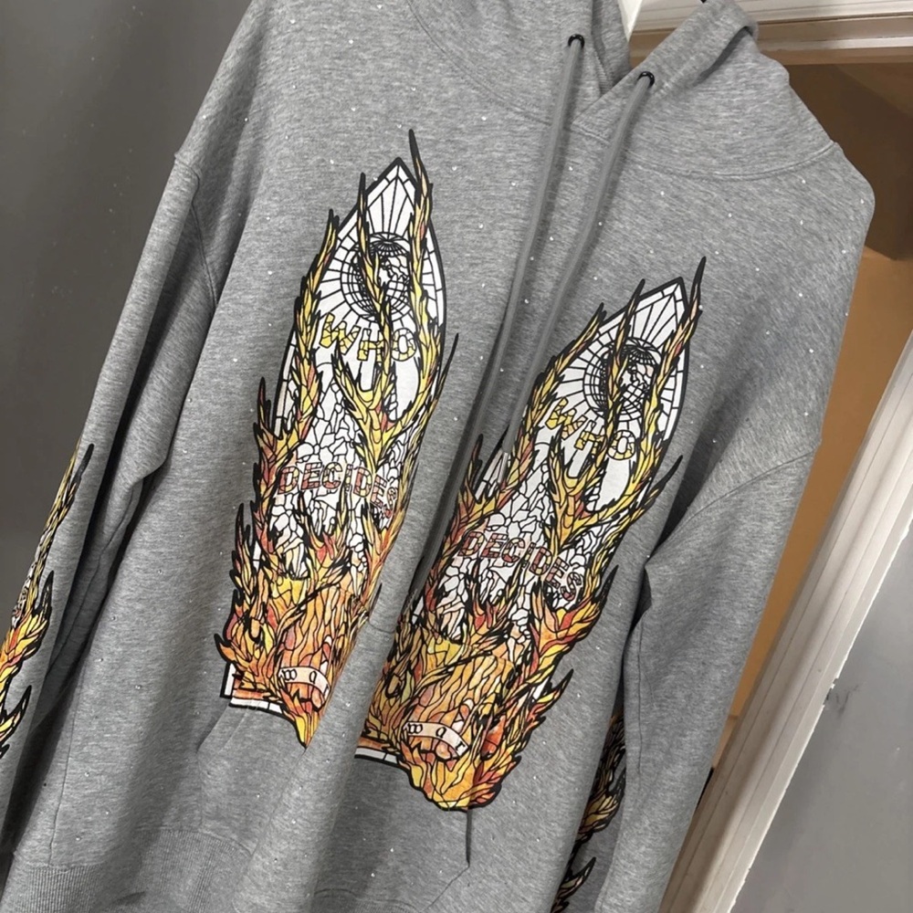 Gray Hoodie with Flame Graphic